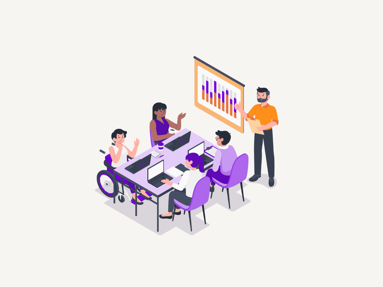 A imagem mostra o desenho de 4 pessoas sentadas em uma mesa de reuniões, cada um com seu computador. Em pé tem um homem de barba com uma prancheta na mão ao lado de uma tela onde está apresentando um gráfico.