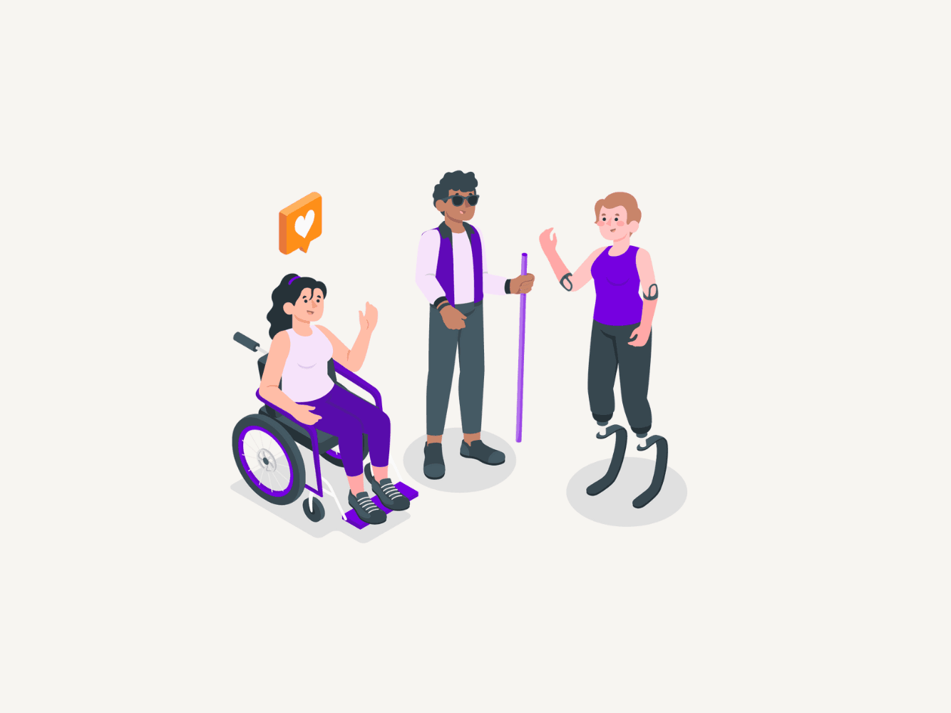 A ilustração mostra um grupo de 3 pessoas conversando. Sendo uma mulher na cadeira de rodas, um homem cego e uma terceira mulher com próteses nas pernas.